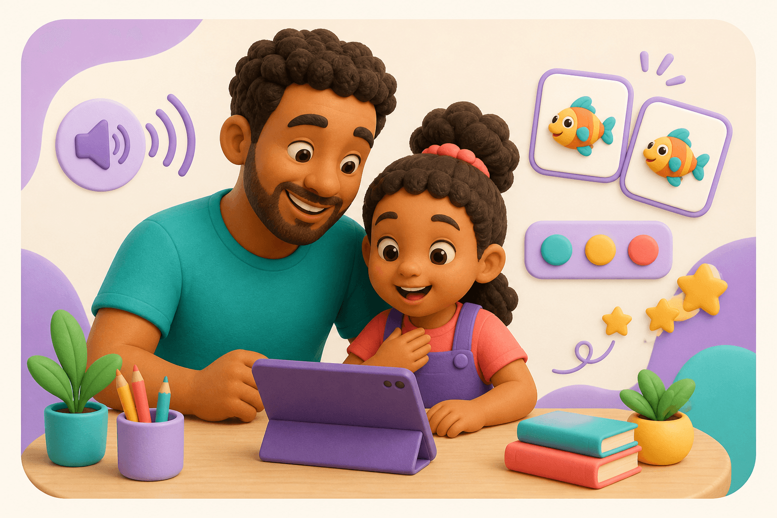 Responsável acompanhando uma criança em uma atividade de escuta e fala no tablet