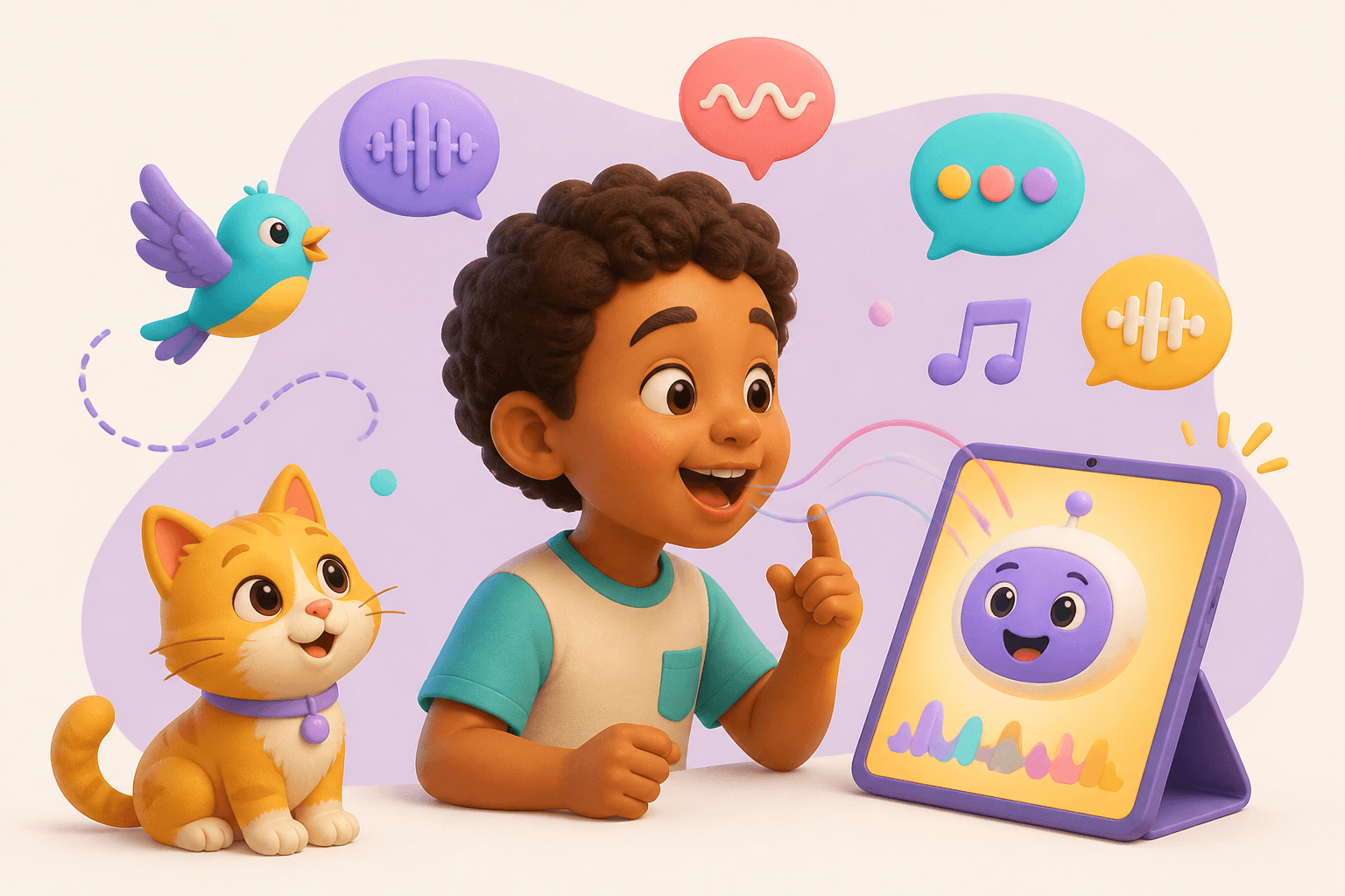 Criança praticando sons com um assistente digital, acompanhada por ilustrações de animais e ondas sonoras